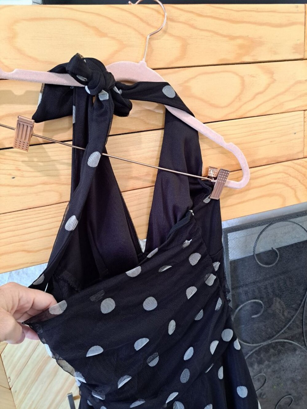 Vtg Ruby Rox Black Polka Dot Halter Dress W/ White Flower Applique L Rockabilly - Picture 5 of 13